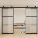 Dubbele stalen schuifdeur matglas open